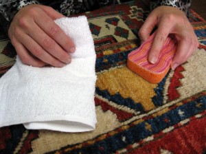Blotting a rug stain with towel